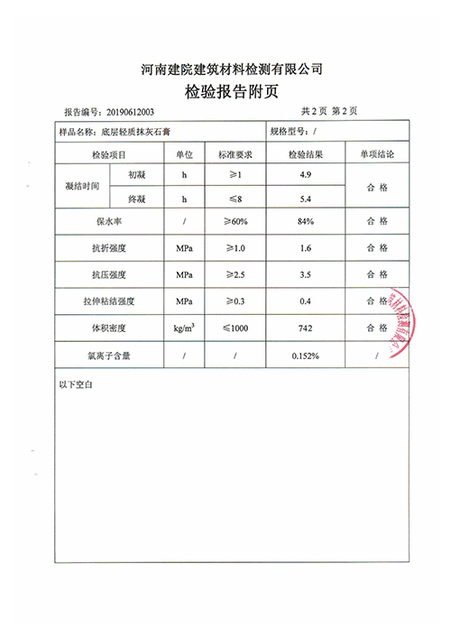 轻质抹灰石膏最新检测报告